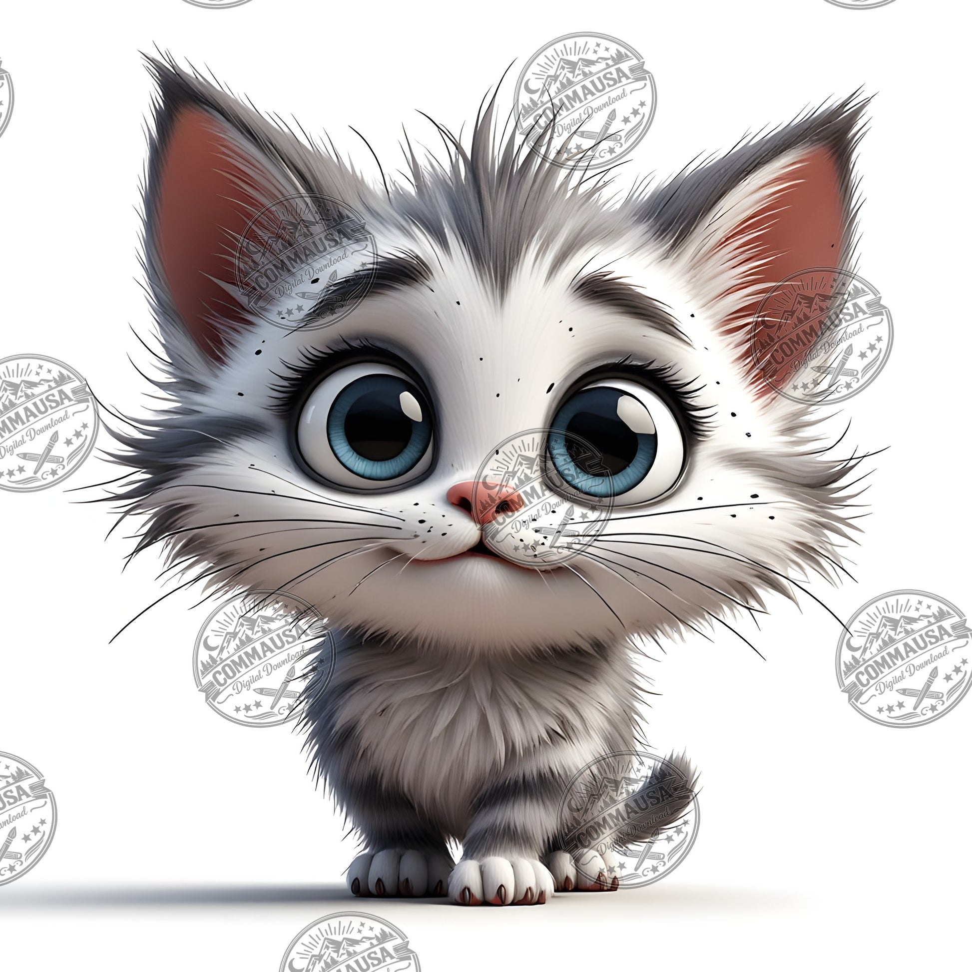 Cute Gray Tabby Kitten PNG, Big Eyed Kitten Cartoon Clipart, Nursery Wall Art, Sublimation Design, Commercial Use POD