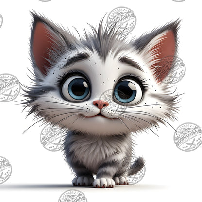 Cute Gray Tabby Kitten PNG, Big Eyed Kitten Cartoon Clipart, Nursery Wall Art, Sublimation Design, Commercial Use POD