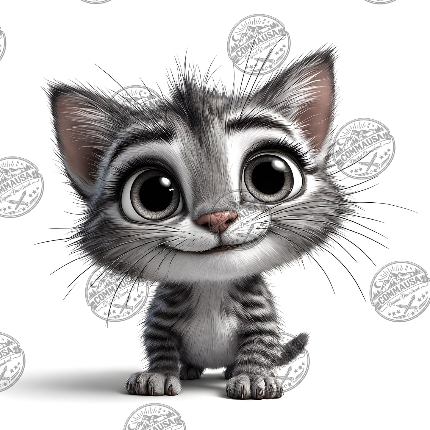 Cute Gray Tabby Kitten PNG, Big Eyed Kitten Cartoon Clipart, Nursery Wall Art, Sublimation Design, Commercial Use POD
