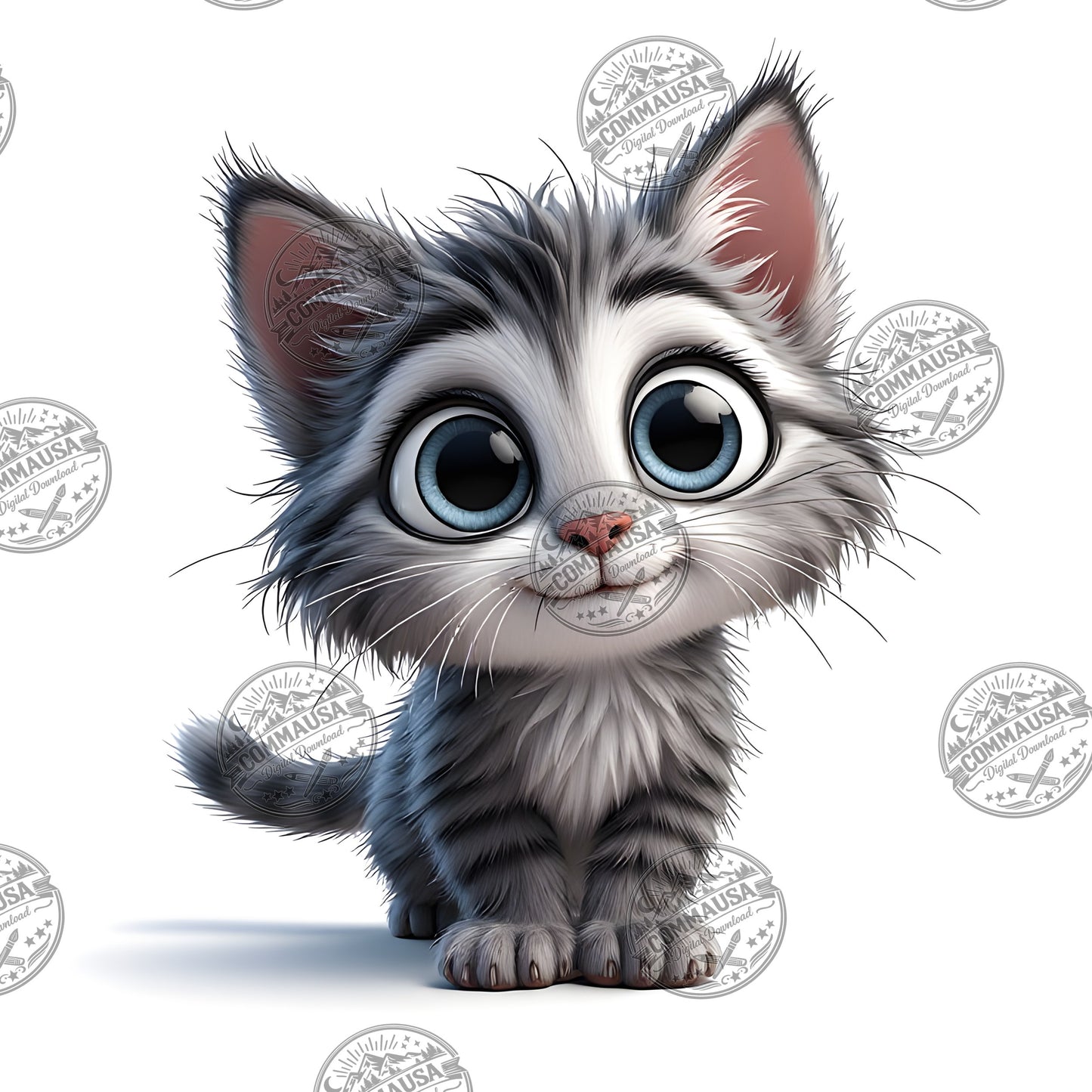 Cute Gray Tabby Kitten PNG, Big Eyed Kitten Cartoon Clipart, Nursery Wall Art, Sublimation Design, Commercial Use POD