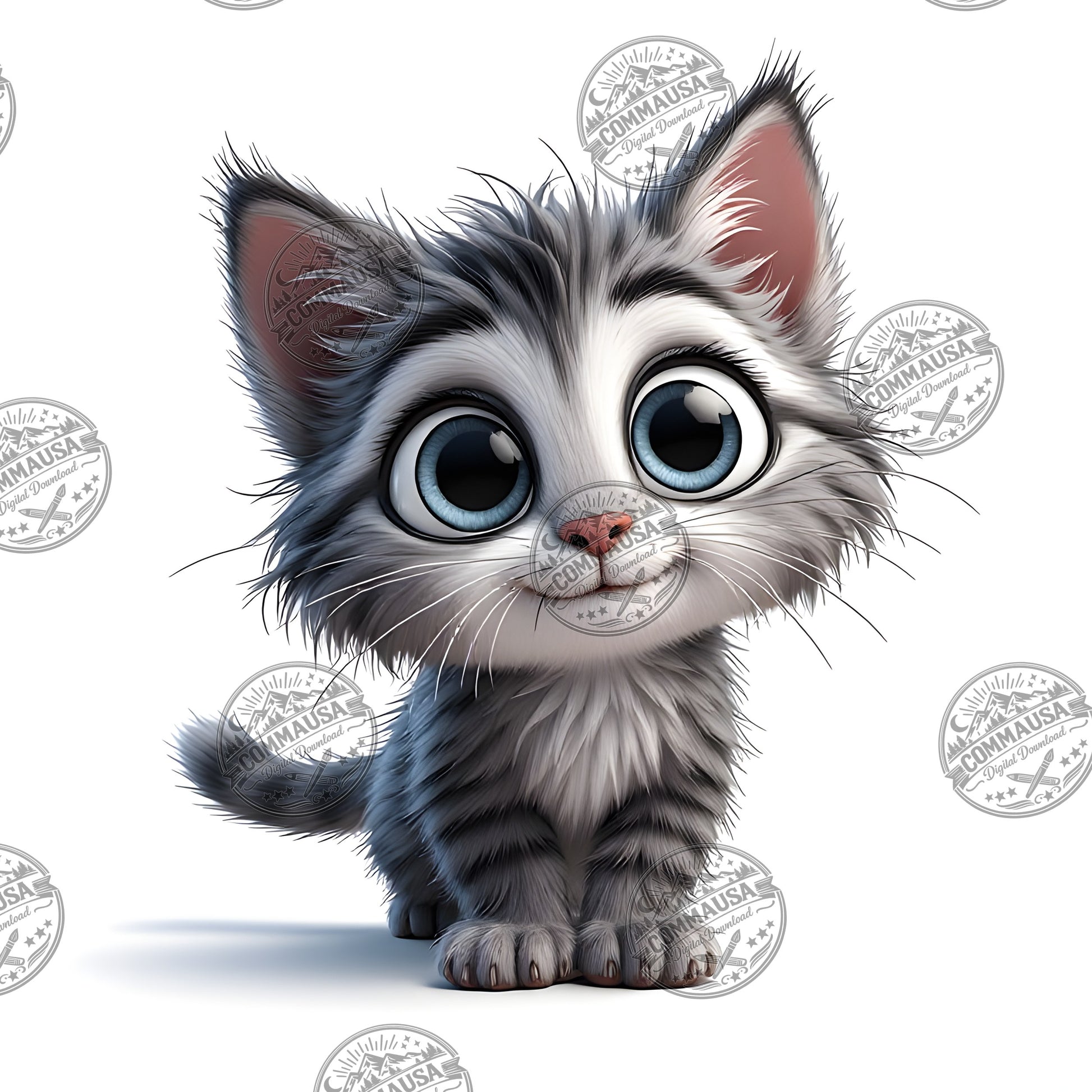 Cute Gray Tabby Kitten PNG, Big Eyed Kitten Cartoon Clipart, Nursery Wall Art, Sublimation Design, Commercial Use POD