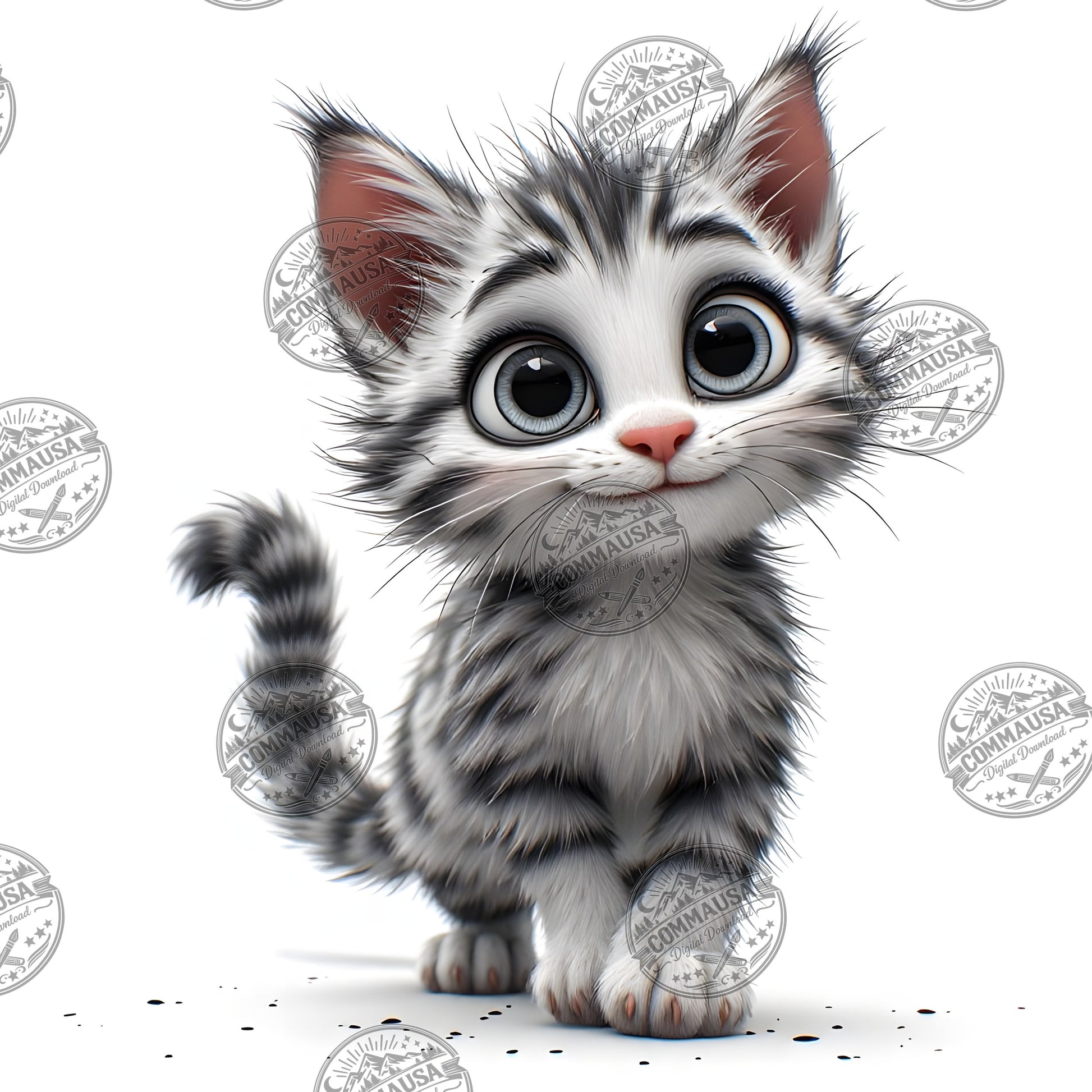 Cute Gray Tabby Kitten PNG, Big Eyed Kitten Cartoon Clipart, Nursery Wall Art, Sublimation Design, Commercial Use POD