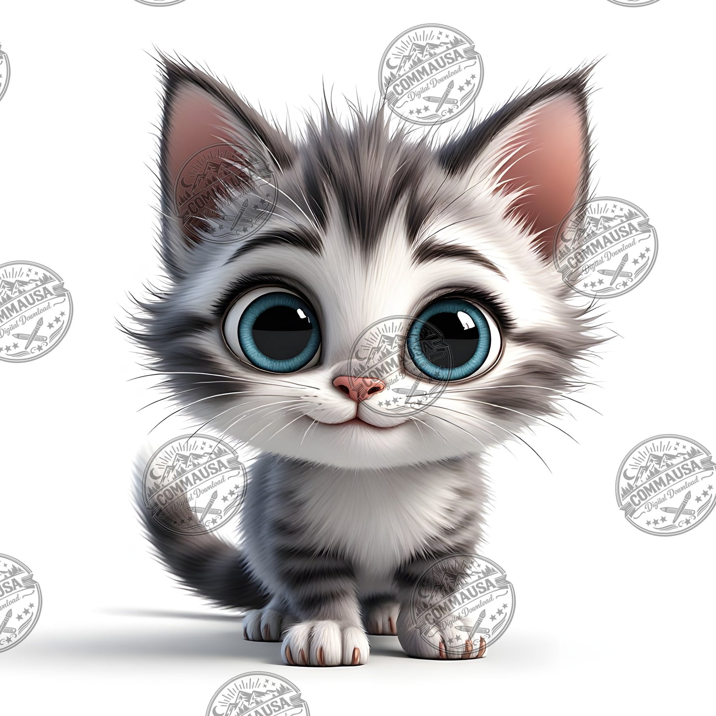 Cute Gray Tabby Kitten PNG, Big Eyed Kitten Cartoon Clipart, Nursery Wall Art, Sublimation Design, Commercial Use POD
