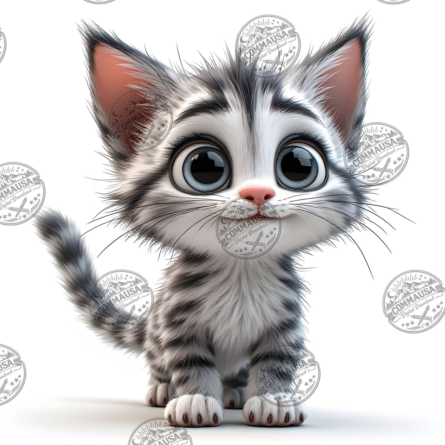 Cute Gray Tabby Kitten PNG, Big Eyed Kitten Cartoon Clipart, Nursery Wall Art, Sublimation Design, Commercial Use POD