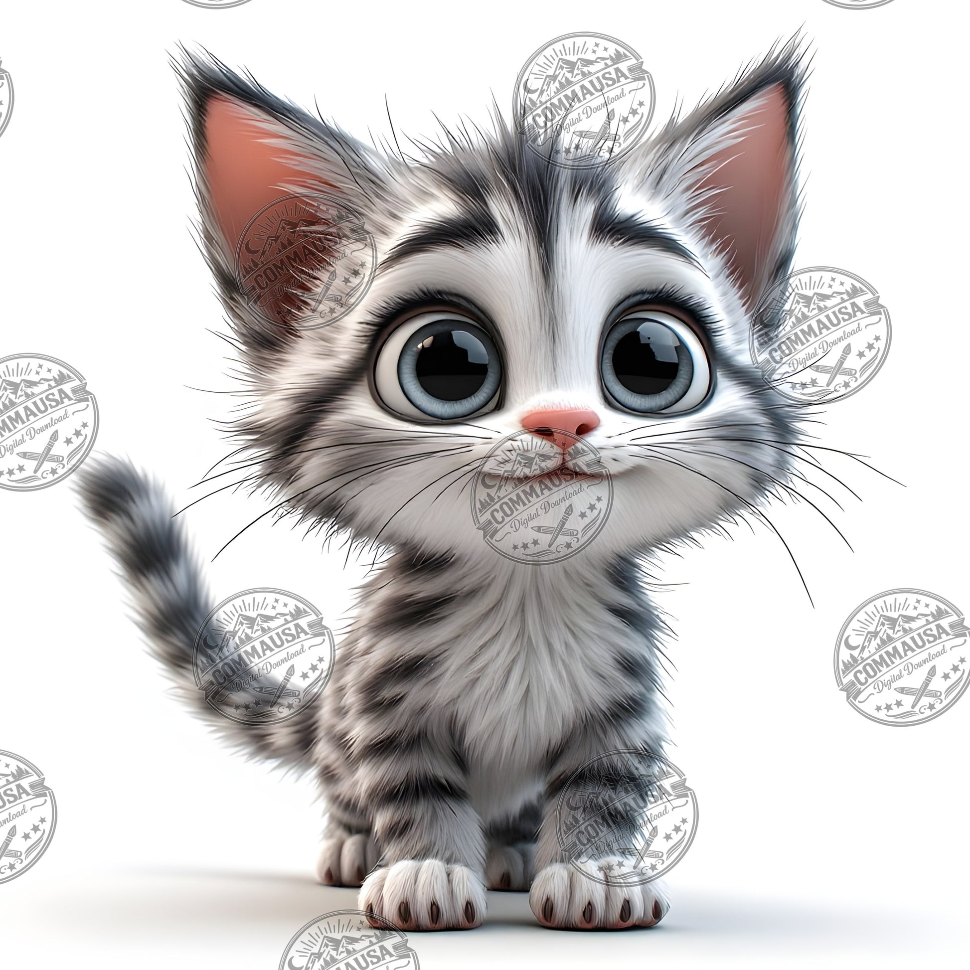 Cute Gray Tabby Kitten PNG, Big Eyed Kitten Cartoon Clipart, Nursery Wall Art, Sublimation Design, Commercial Use POD