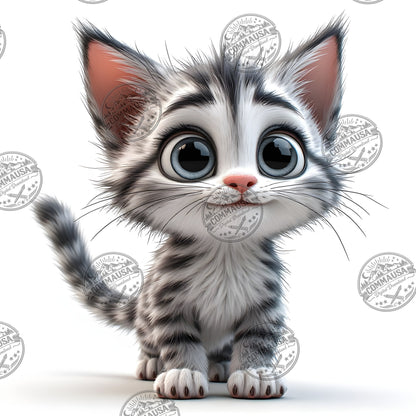 Cute Gray Tabby Kitten PNG, Big Eyed Kitten Cartoon Clipart, Nursery Wall Art, Sublimation Design, Commercial Use POD