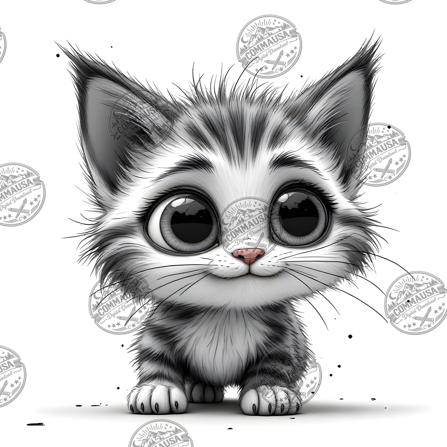Cute Gray Tabby Kitten PNG, Big Eyed Kitten Cartoon Clipart, Nursery Wall Art, Sublimation Design, Commercial Use POD