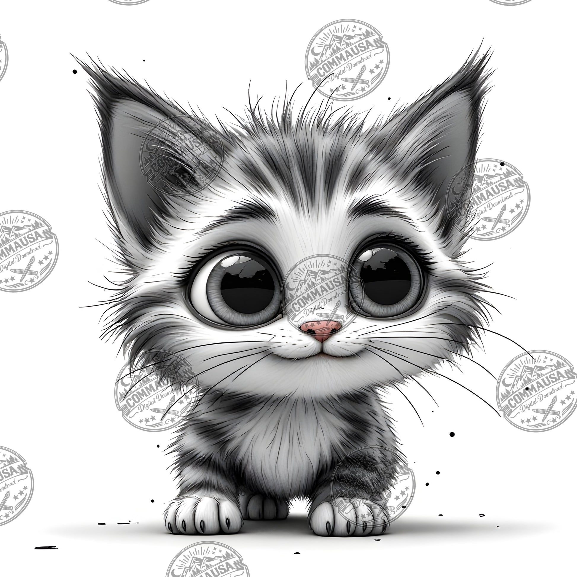Cute Gray Tabby Kitten PNG, Big Eyed Kitten Cartoon Clipart, Nursery Wall Art, Sublimation Design, Commercial Use POD