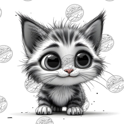 Cute Gray Tabby Kitten PNG, Big Eyed Kitten Cartoon Clipart, Nursery Wall Art, Sublimation Design, Commercial Use POD