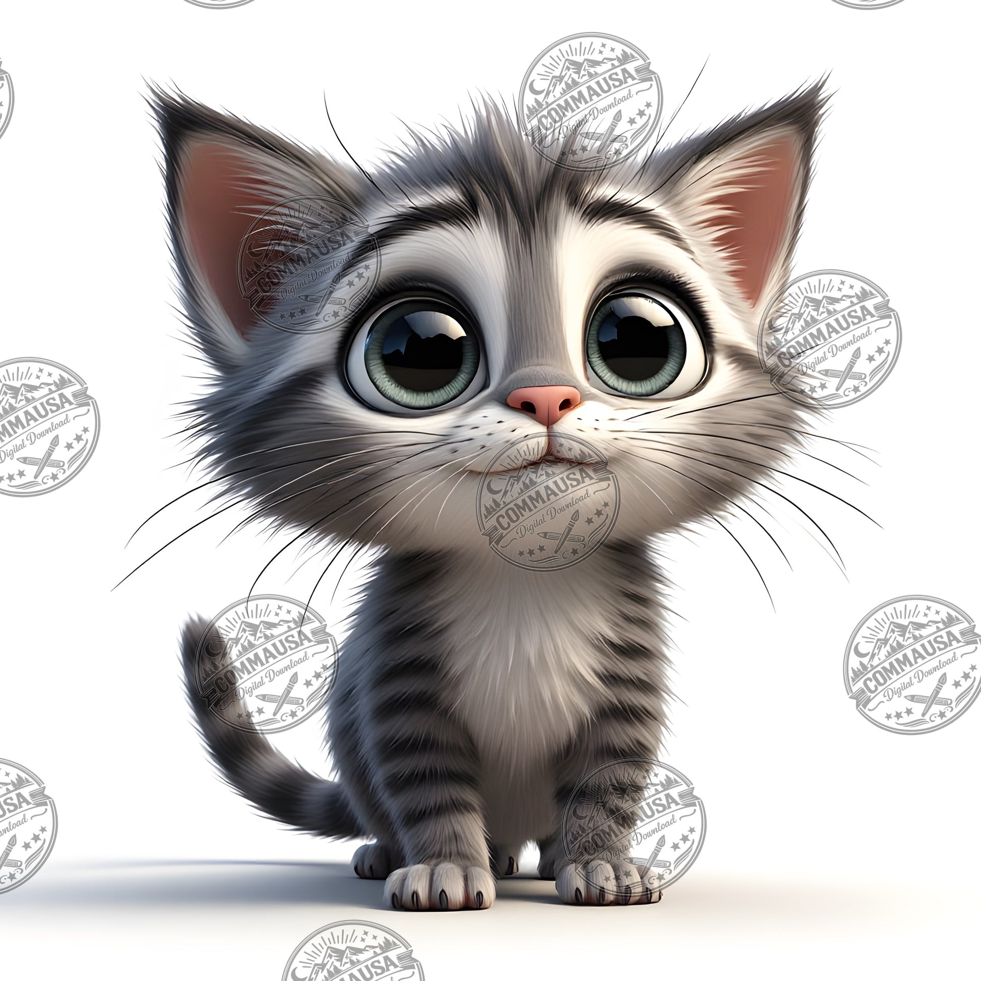 Cute Gray Tabby Kitten PNG, Big Eyed Kitten Cartoon Clipart, Nursery Wall Art, Sublimation Design, Commercial Use POD