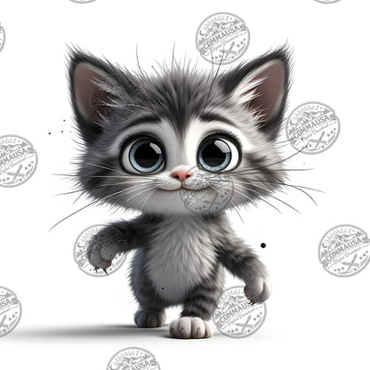 Cute Gray Tabby Kitten PNG, Big Eyed Kitten Cartoon Clipart, Nursery Wall Art, Sublimation Design, Commercial Use POD