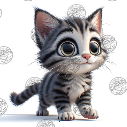 Cute Gray Tabby Kitten PNG, Big Eyed Kitten Cartoon Clipart, Nursery Wall Art, Sublimation Design, Commercial Use POD