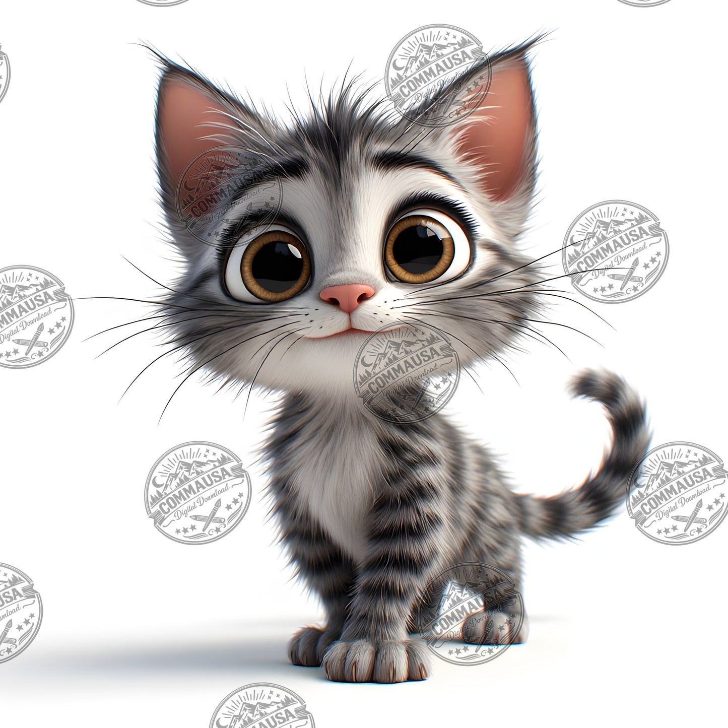 Cute Gray Tabby Kitten PNG, Big Eyed Kitten Cartoon Clipart, Nursery Wall Art, Sublimation Design, Commercial Use POD