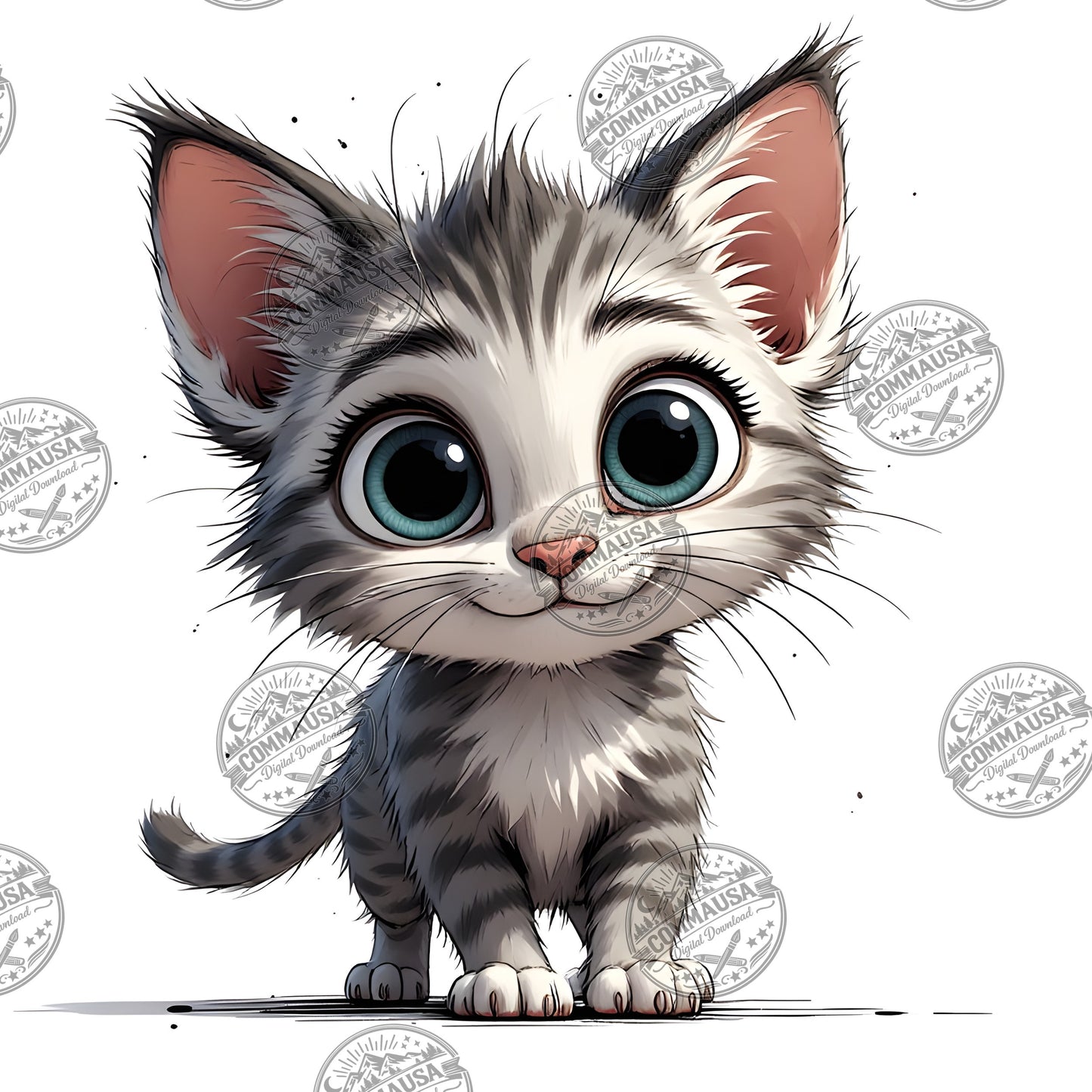 Cute Gray Tabby Kitten PNG, Big Eyed Kitten Cartoon Clipart, Nursery Wall Art, Sublimation Design, Commercial Use POD