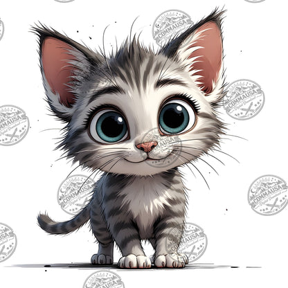 Cute Gray Tabby Kitten PNG, Big Eyed Kitten Cartoon Clipart, Nursery Wall Art, Sublimation Design, Commercial Use POD