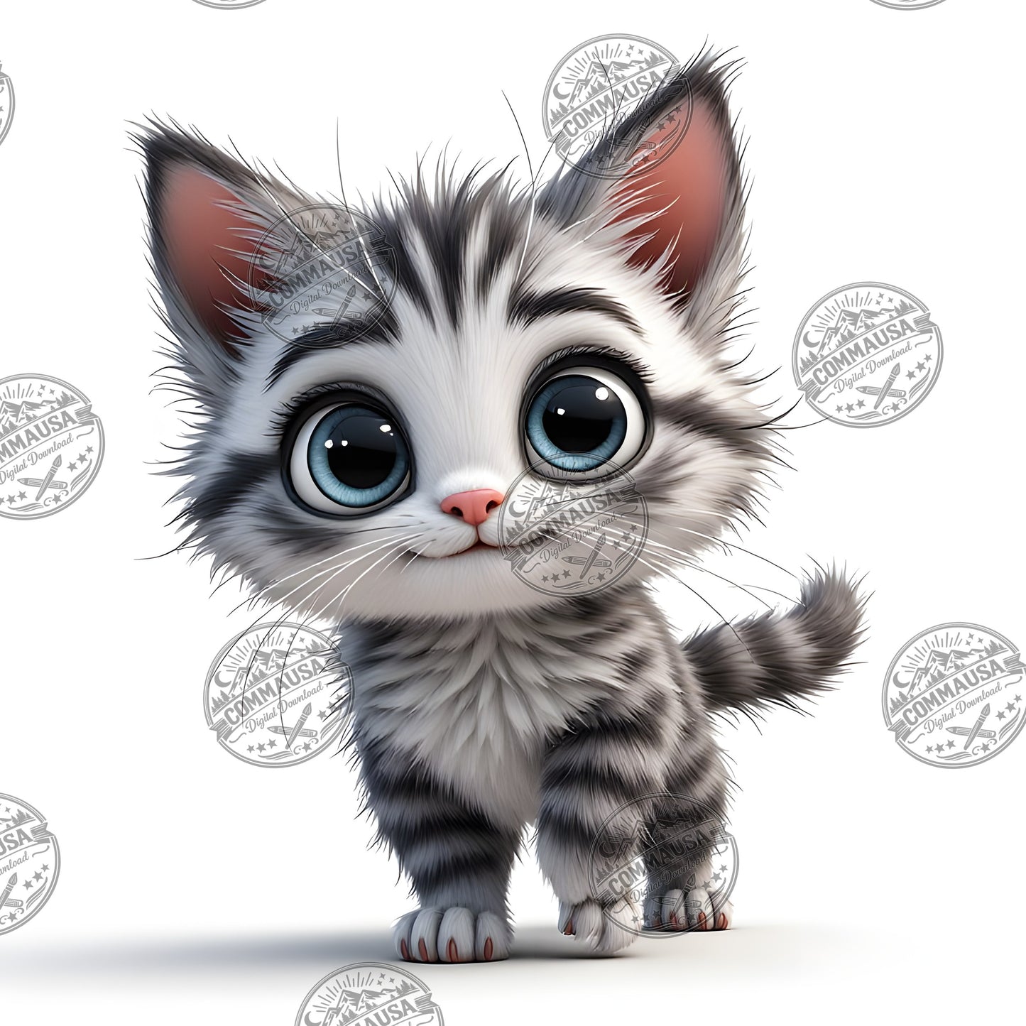 Cute Gray Tabby Kitten PNG, Big Eyed Kitten Cartoon Clipart, Nursery Wall Art, Sublimation Design, Commercial Use POD