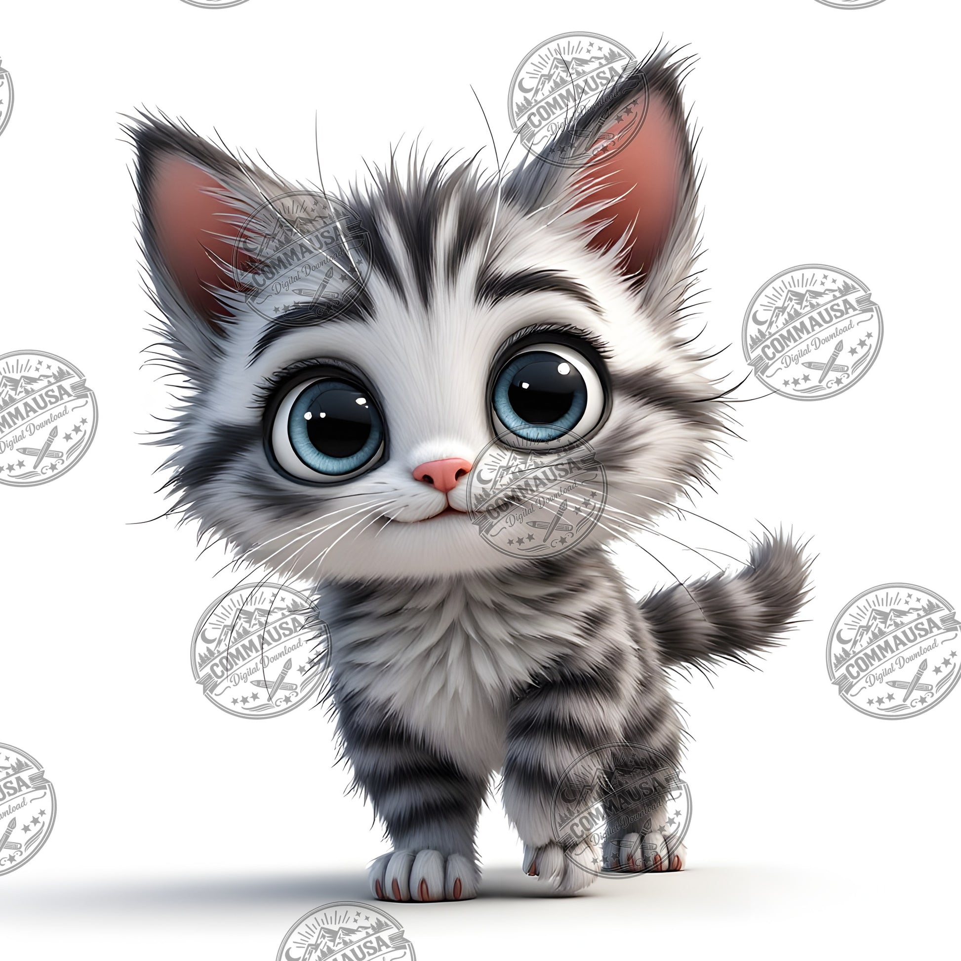 Cute Gray Tabby Kitten PNG, Big Eyed Kitten Cartoon Clipart, Nursery Wall Art, Sublimation Design, Commercial Use POD