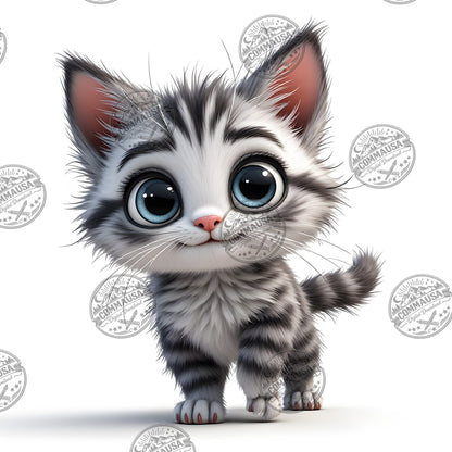 Cute Gray Tabby Kitten PNG, Big Eyed Kitten Cartoon Clipart, Nursery Wall Art, Sublimation Design, Commercial Use POD