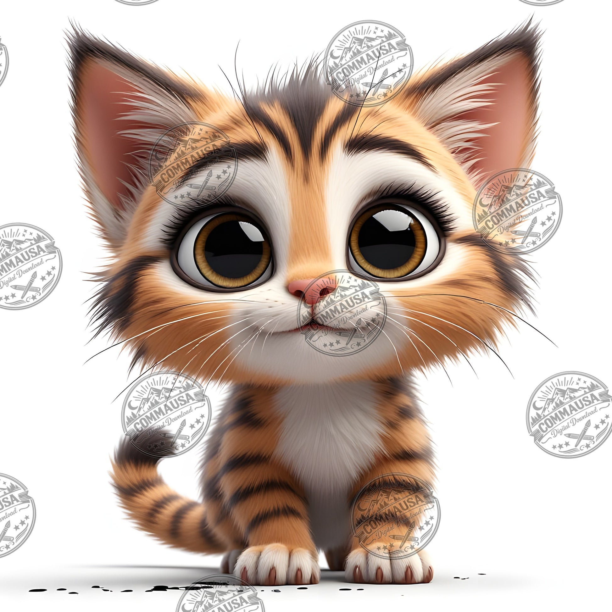 Cute Gray Tabby Kitten PNG, Big Eyed Kitten Cartoon Clipart, Nursery Wall Art, Sublimation Design, Commercial Use POD