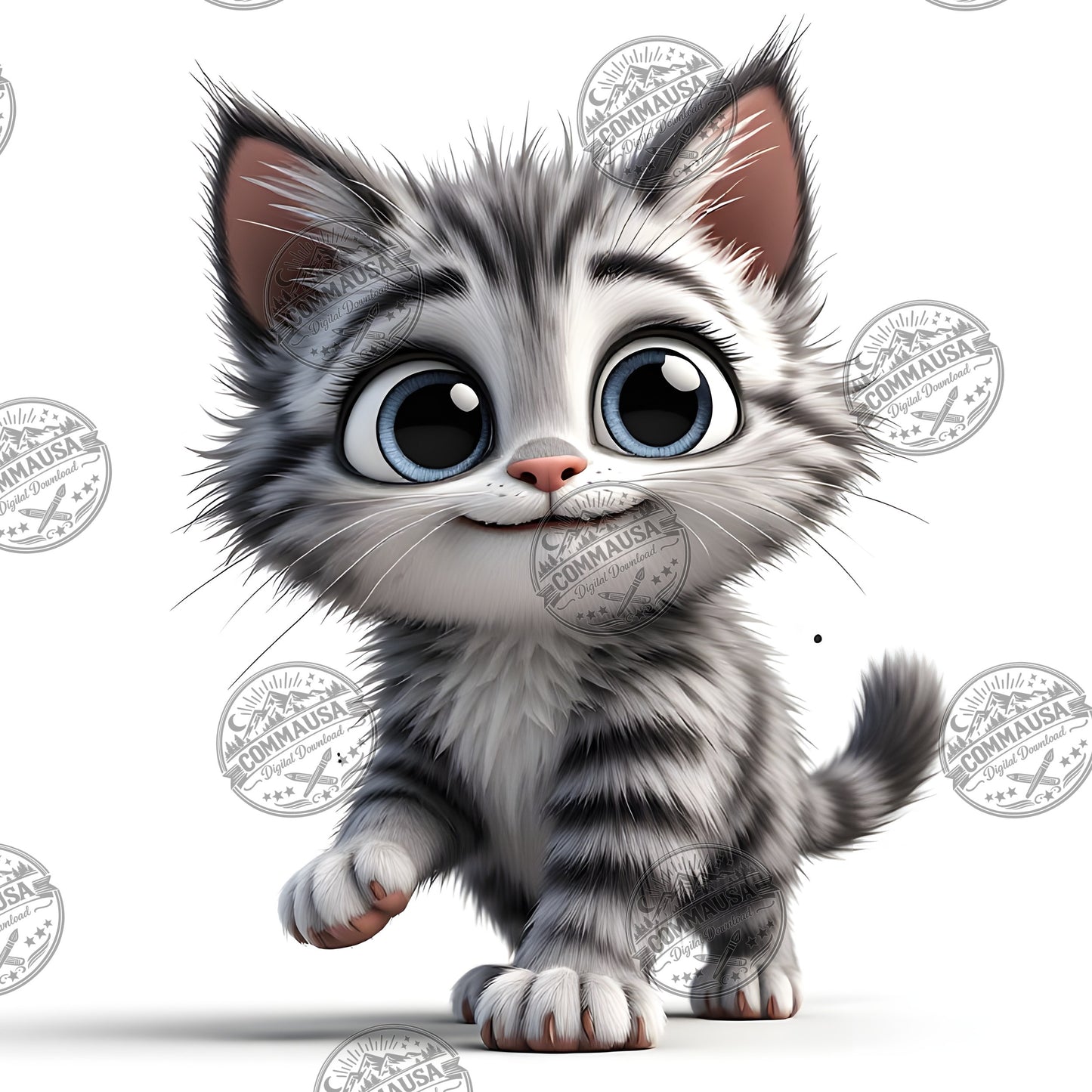 Cute Gray Tabby Kitten PNG, Big Eyed Kitten Cartoon Clipart, Nursery Wall Art, Sublimation Design, Commercial Use POD