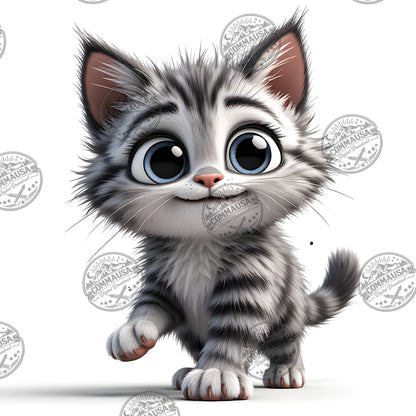 Cute Gray Tabby Kitten PNG, Big Eyed Kitten Cartoon Clipart, Nursery Wall Art, Sublimation Design, Commercial Use POD