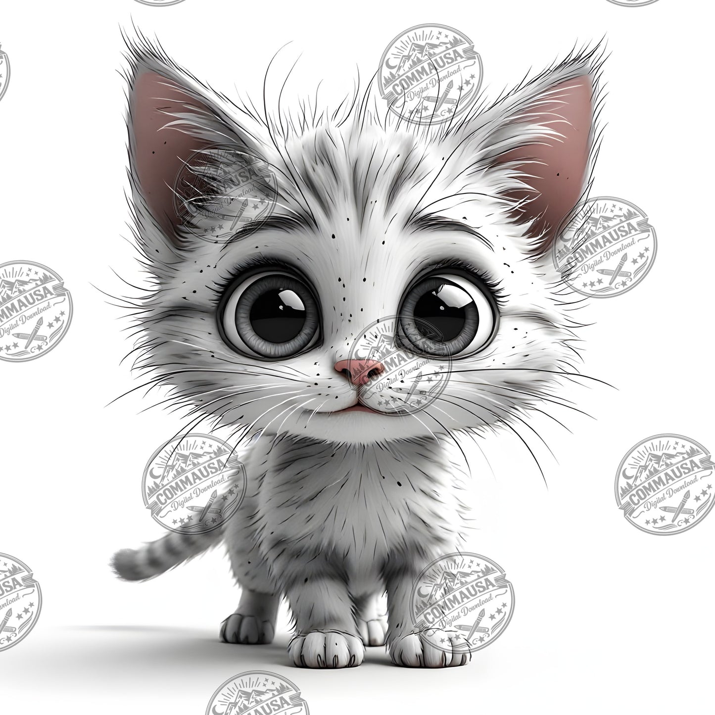Cute Gray Tabby Kitten PNG, Big Eyed Kitten Cartoon Clipart, Nursery Wall Art, Sublimation Design, Commercial Use POD