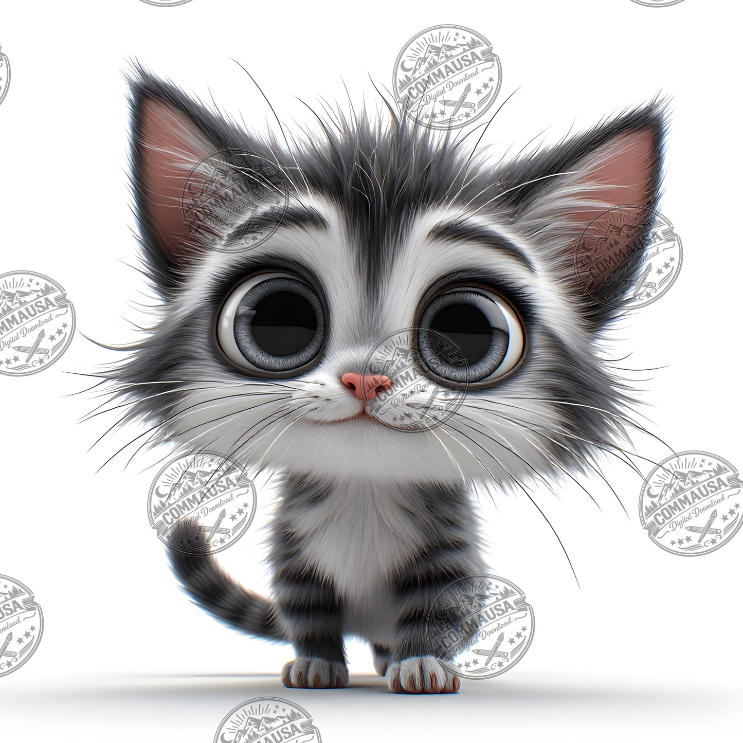 Cute Gray Tabby Kitten PNG, Big Eyed Kitten Cartoon Clipart, Nursery Wall Art, Sublimation Design, Commercial Use POD