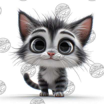 Cute Gray Tabby Kitten PNG, Big Eyed Kitten Cartoon Clipart, Nursery Wall Art, Sublimation Design, Commercial Use POD