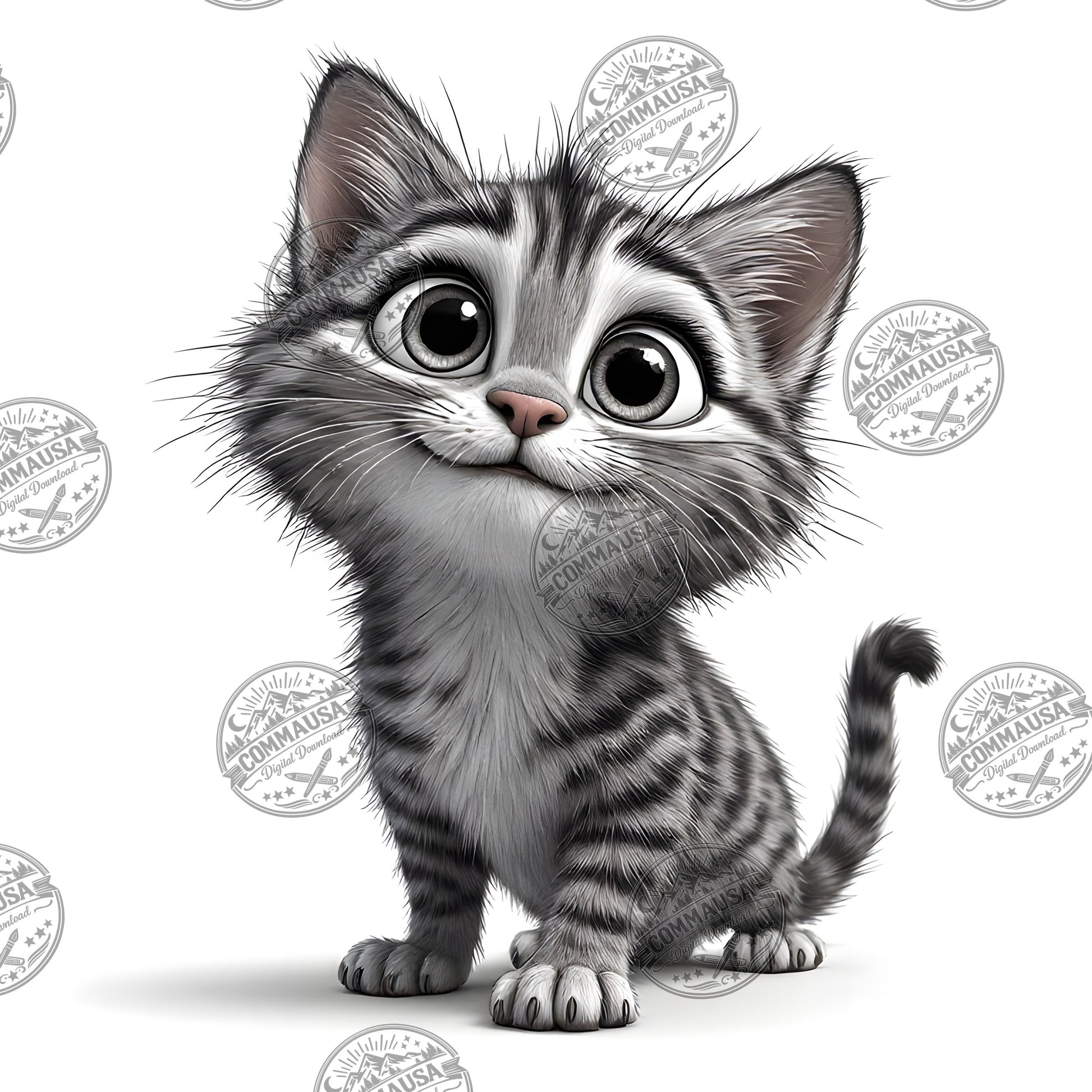 Cute Gray Tabby Kitten PNG, Big Eyed Kitten Cartoon Clipart, Nursery Wall Art, Sublimation Design, Commercial Use POD