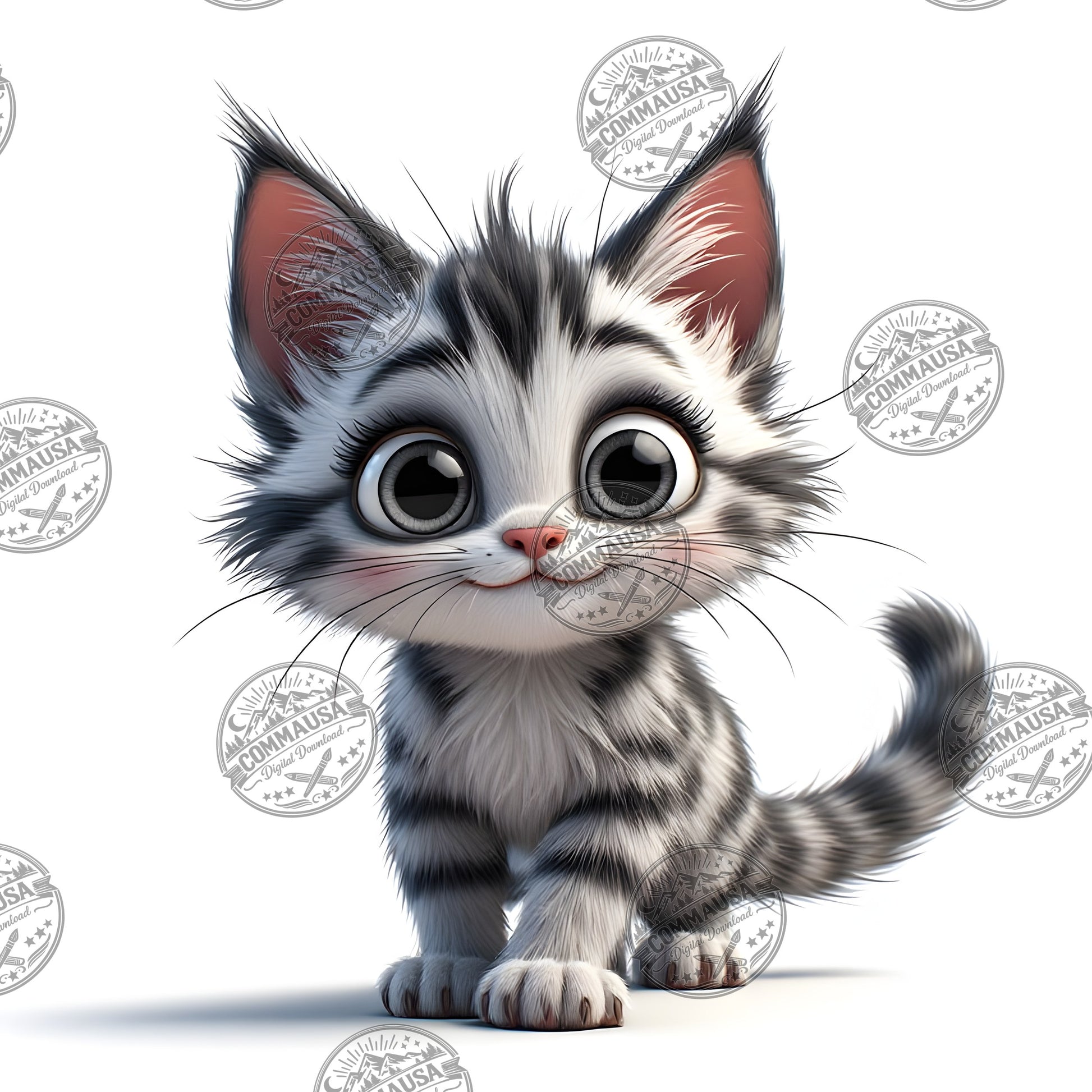 Cute Gray Tabby Kitten PNG, Big Eyed Kitten Cartoon Clipart, Nursery Wall Art, Sublimation Design, Commercial Use POD
