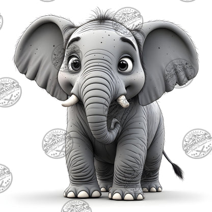 Baby Elephant Nursery Wall Art Printable, Cute Cartoon Elephant PNG, Kids Room Decor, Sublimation Commercial Use