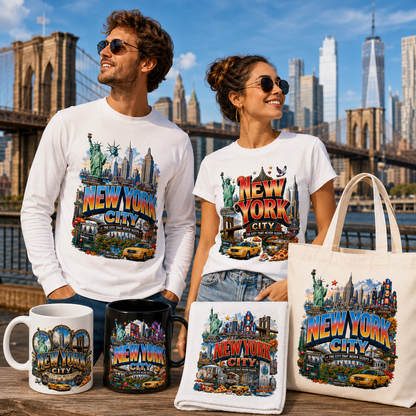 Vibrant New York City t-shirt, Illustration Digital Download - NYC Landmark Art Print for Commercial Use, POD Design, Digital Downloads