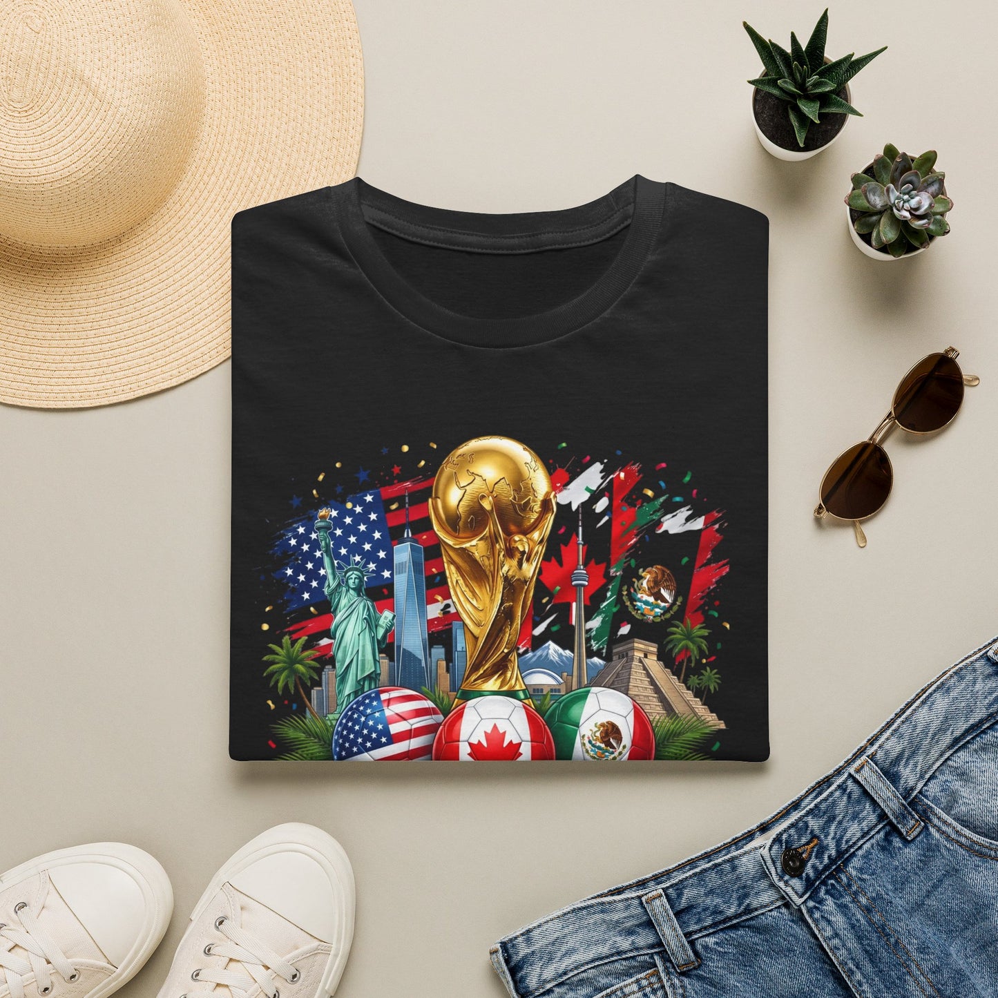 T-Shirt — World Cup 2026 Trophy Design with USA, Canada & Mexico Flags