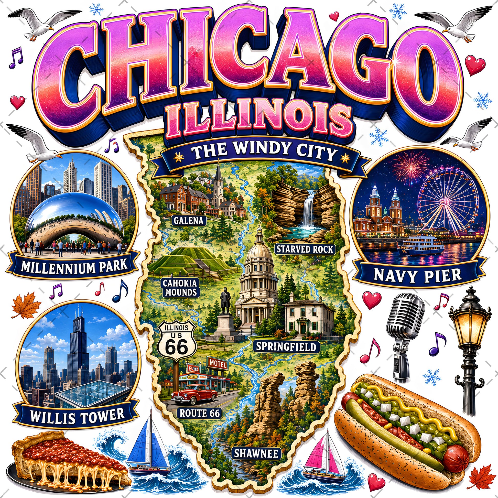 Chicago Illinois Landmarks PNG Travel Collage Digital Download Sublimation Print Commercial Use POD, travel collage, sublimation png, tshirt design, PNG, digital download, high resolution