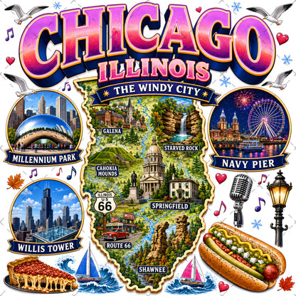 Chicago Illinois Landmarks PNG Travel Collage Digital Download Sublimation Print Commercial Use POD, travel collage, sublimation png, tshirt design, PNG, digital download, high resolution