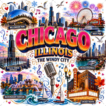 Chicago Illinois Landmarks PNG Travel Collage Digital Download Sublimation Print Commercial Use POD, pod design, tumbler wrap, chicago skyline, PNG, digital download, high resolution