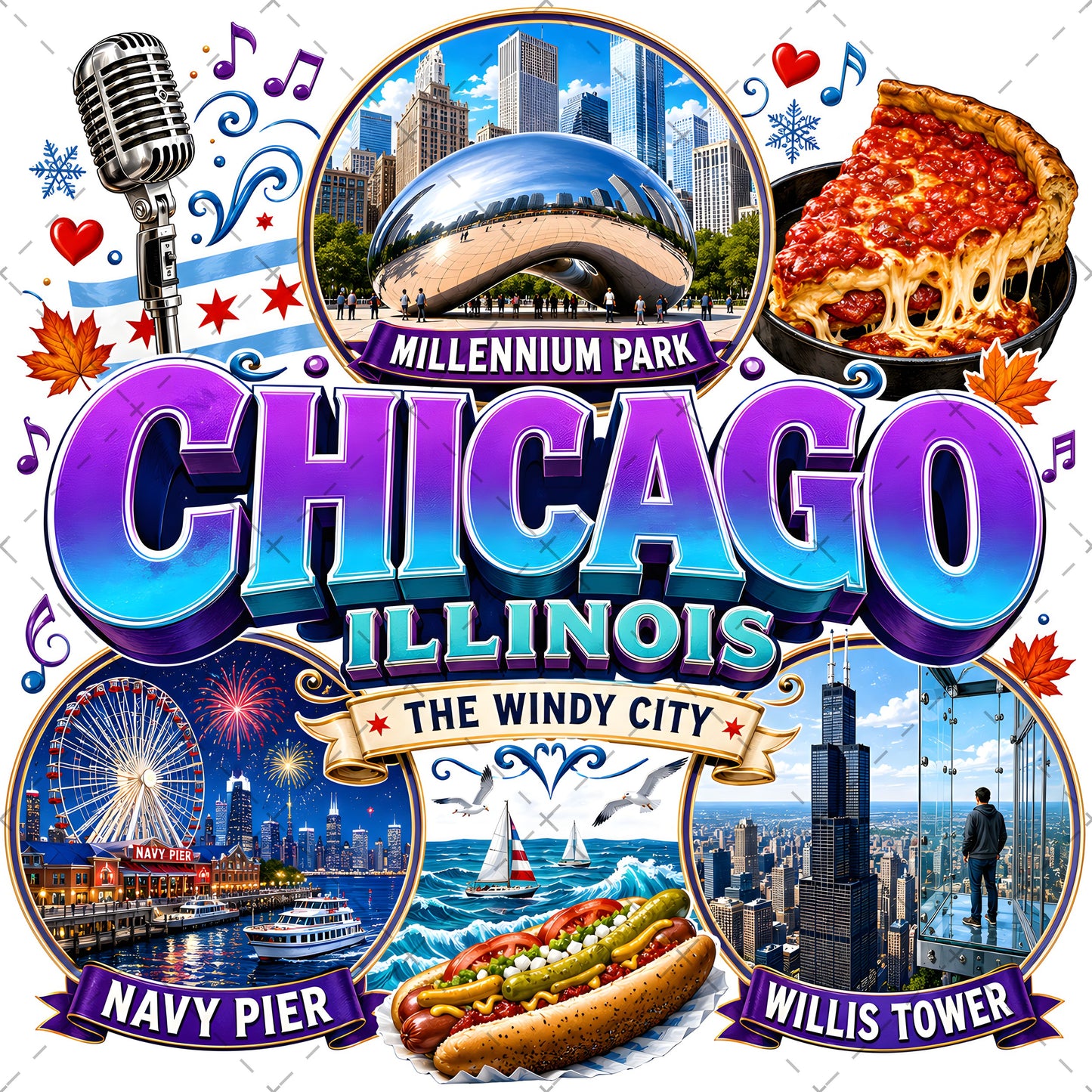 Chicago Illinois Landmarks PNG Travel Collage Digital Download Sublimation Print Commercial Use POD, city travel art, windy city png, mug design png, PNG, digital download, high resolution