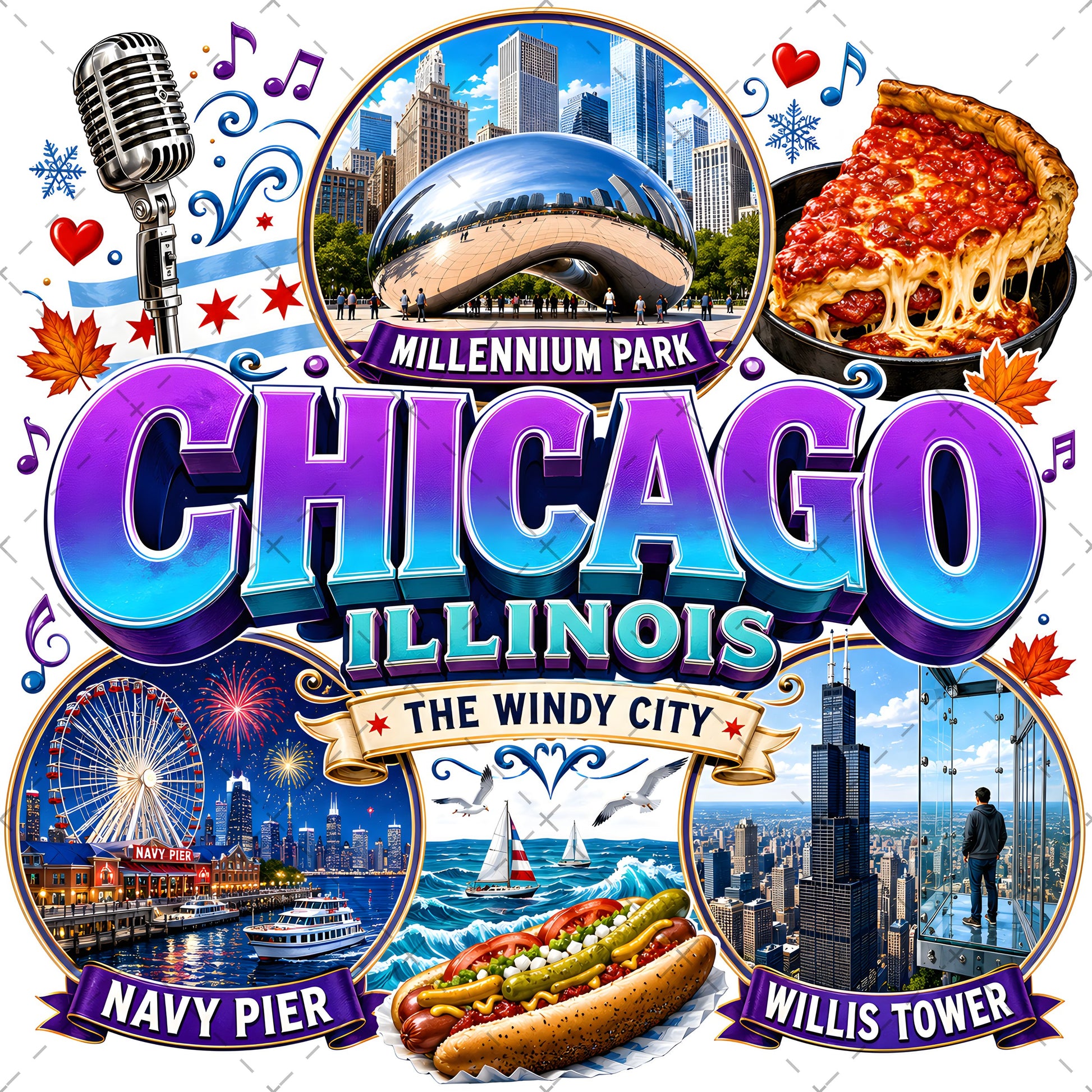 Chicago Illinois Landmarks PNG Travel Collage Digital Download Sublimation Print Commercial Use POD, city travel art, windy city png, mug design png, PNG, digital download, high resolution