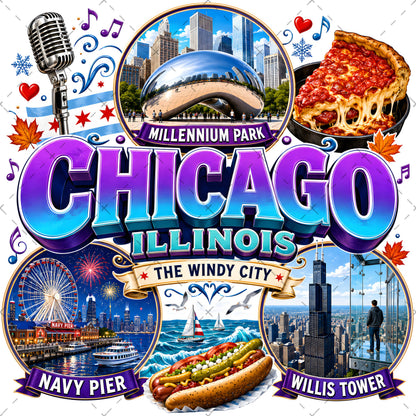 Chicago Illinois Landmarks PNG Travel Collage Digital Download Sublimation Print Commercial Use POD, city travel art, windy city png, mug design png, PNG, digital download, high resolution