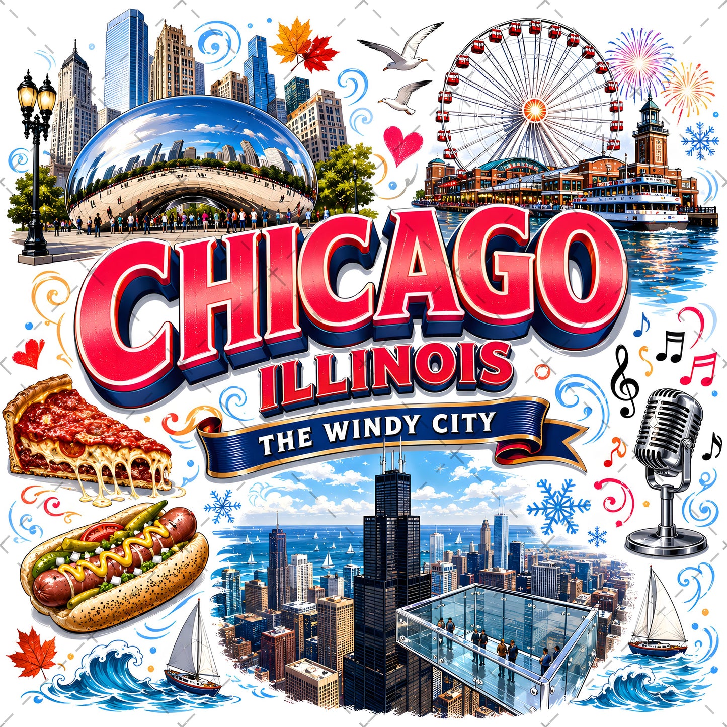 Chicago Illinois Landmarks PNG Travel Collage Digital Download Sublimation Print Commercial Use POD, sticker design, small business png, chicago png, PNG, digital download, high resolution
