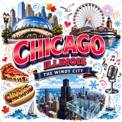 Chicago Illinois Landmarks PNG Travel Collage Digital Download Sublimation Print Commercial Use POD, sticker design, small business png, chicago png, PNG, digital download, high resolution