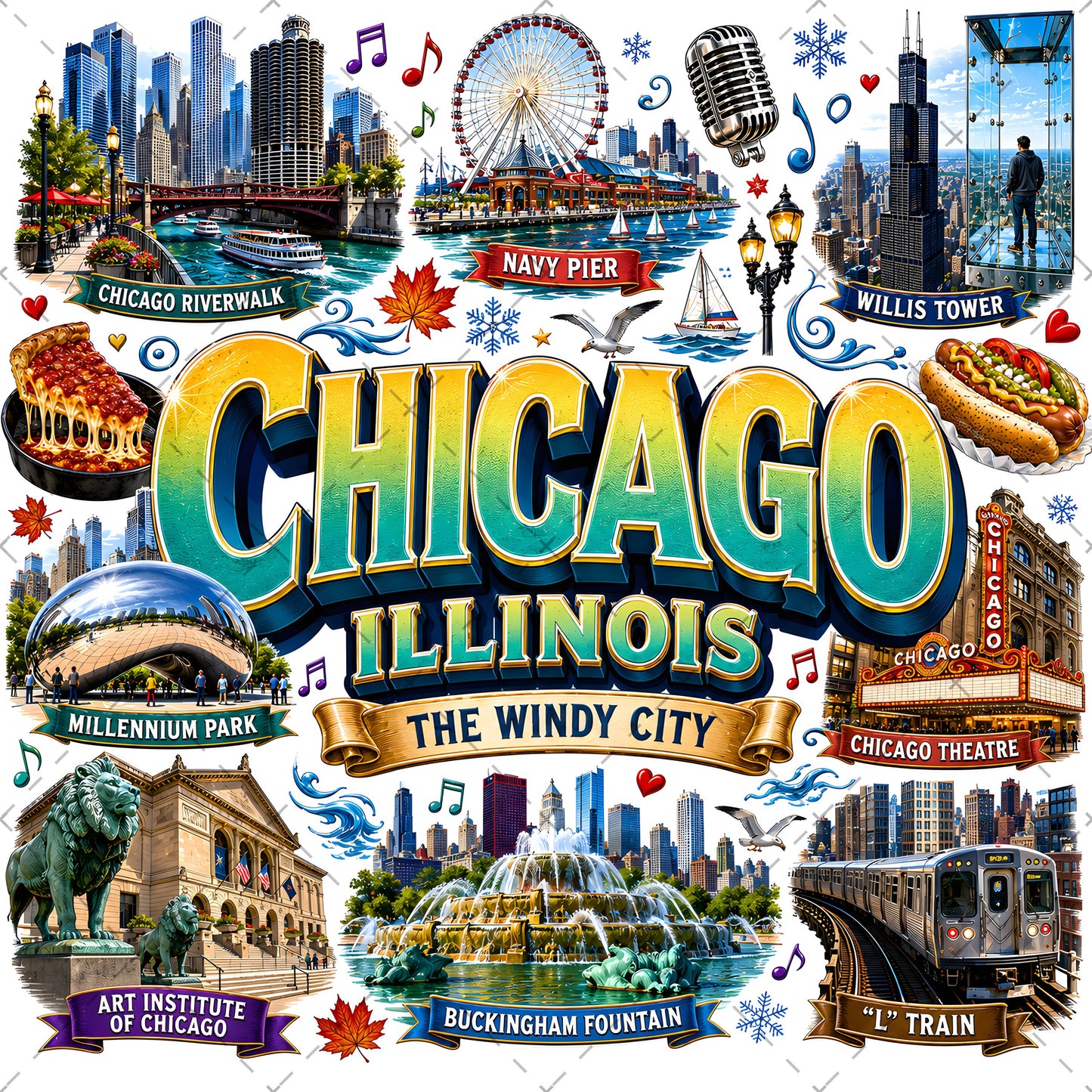 Chicago Illinois Landmarks PNG Travel Collage Digital Download Sublimation Print Commercial Use POD, illinois landmarks, travel collage, sublimation png, PNG, digital download, high resolution