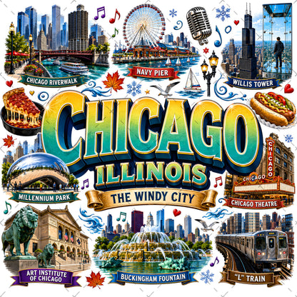 Chicago Illinois Landmarks PNG Travel Collage Digital Download Sublimation Print Commercial Use POD, illinois landmarks, travel collage, sublimation png, PNG, digital download, high resolution
