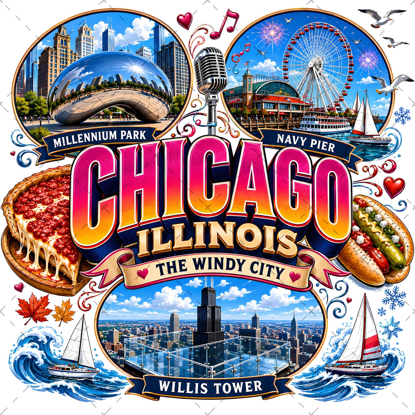 Chicago Illinois Landmarks PNG Travel Collage Digital Download Sublimation Print Commercial Use POD, tshirt design, pod design, tumbler wrap, PNG, digital download, high resolution