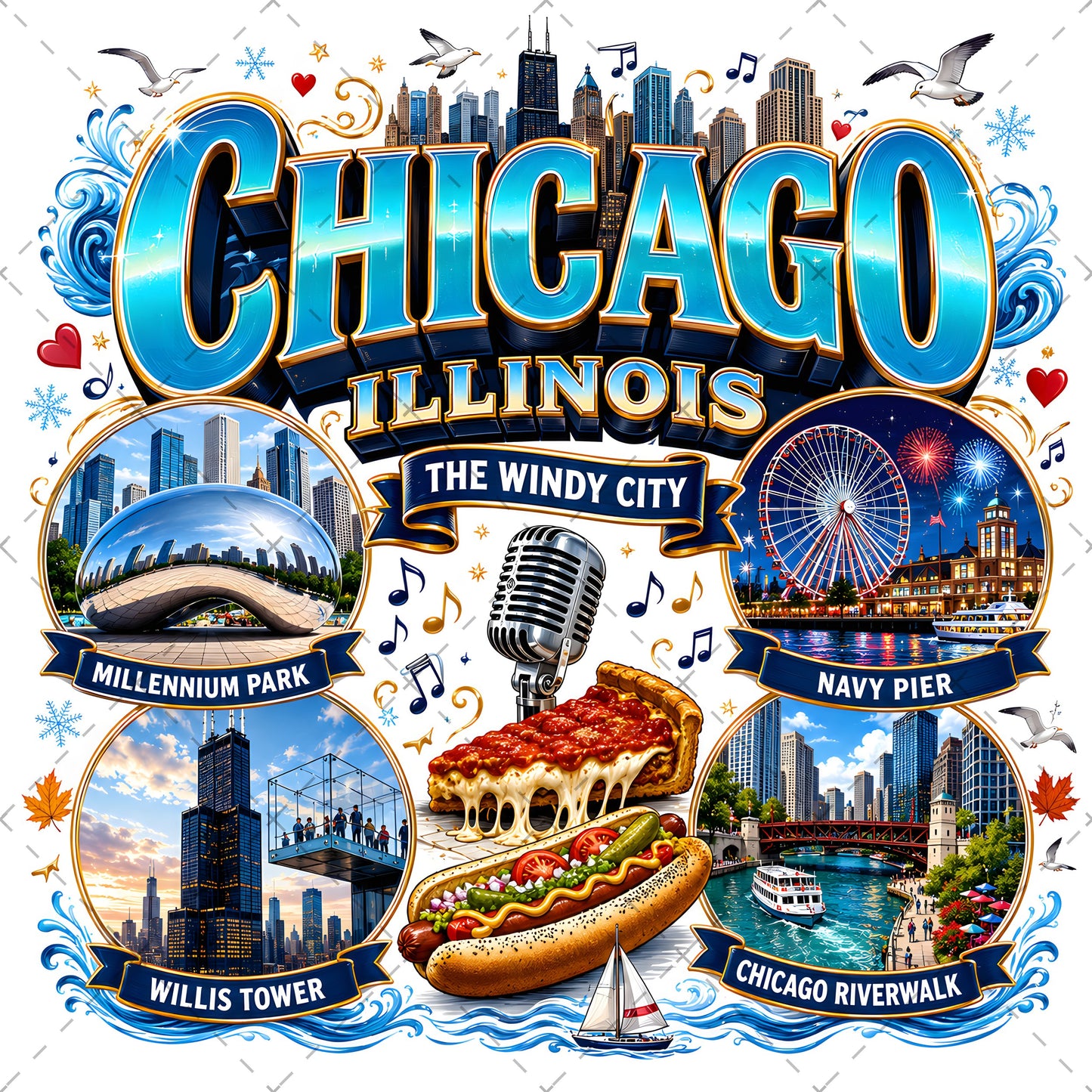 Chicago Illinois Landmarks PNG Travel Collage Digital Download Sublimation Print Commercial Use POD, chicago skyline, city travel art, windy city png, PNG, digital download, high resolution