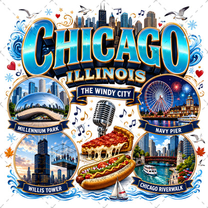 Chicago Illinois Landmarks PNG Travel Collage Digital Download Sublimation Print Commercial Use POD, chicago skyline, city travel art, windy city png, PNG, digital download, high resolution