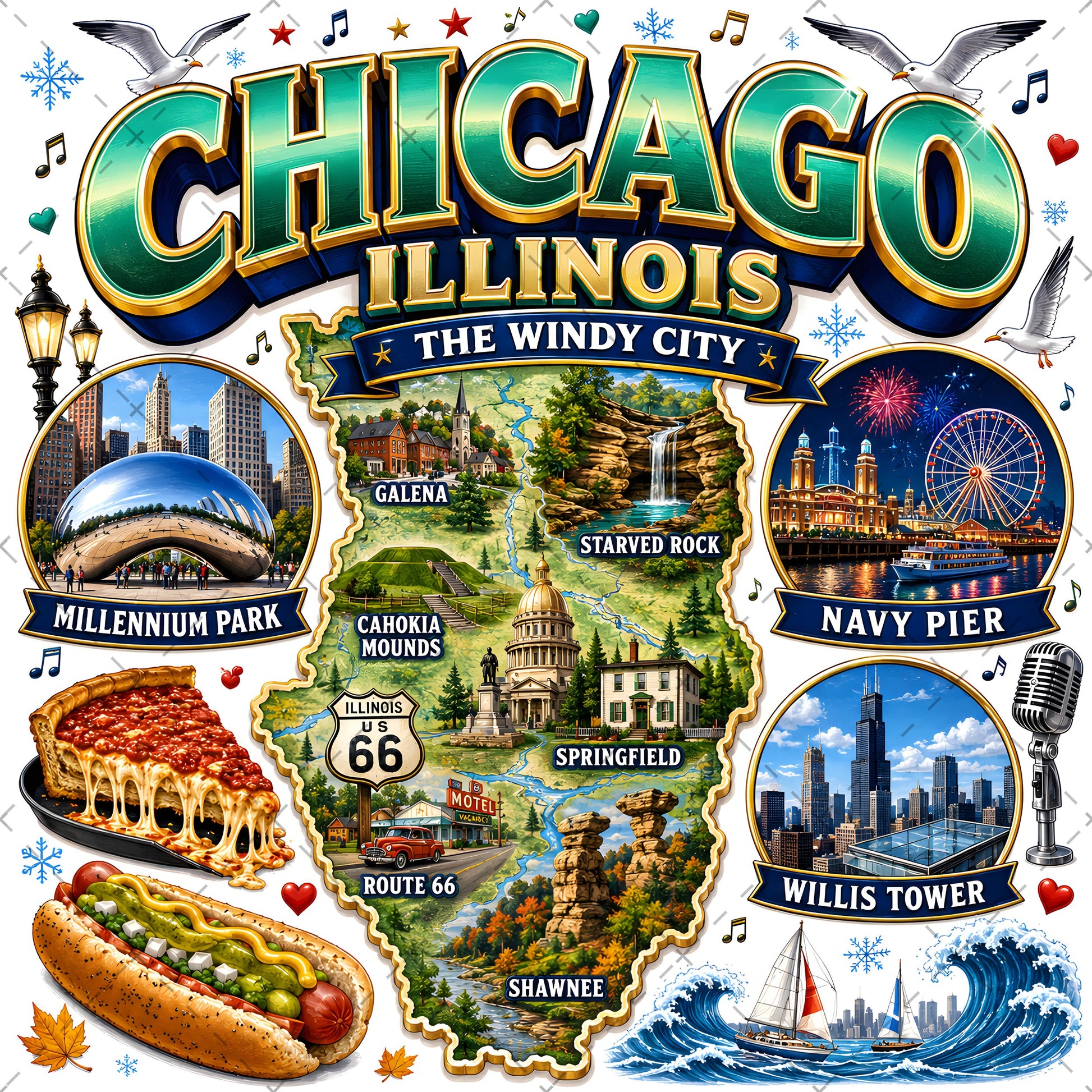 Chicago Illinois Landmarks PNG Travel Collage Digital Download Sublimation Print Commercial Use POD, mug design png, sticker design, small business png, PNG, digital download, high resolution