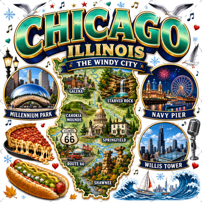 Chicago Illinois Landmarks PNG Travel Collage Digital Download Sublimation Print Commercial Use POD, mug design png, sticker design, small business png, PNG, digital download, high resolution