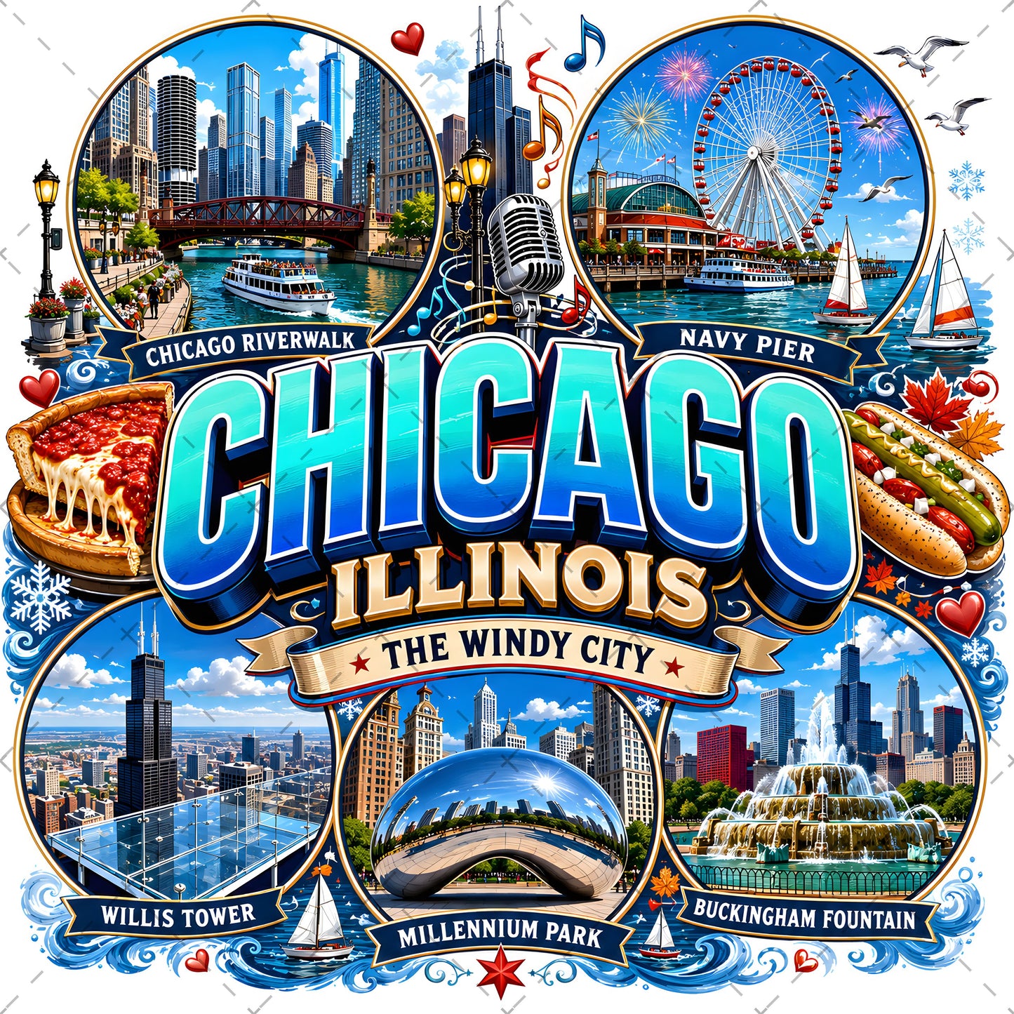 Chicago Illinois Landmarks PNG Travel Collage Digital Download Sublimation Print Commercial Use POD, chicago png, illinois landmarks, travel collage, PNG, digital download, high resolution