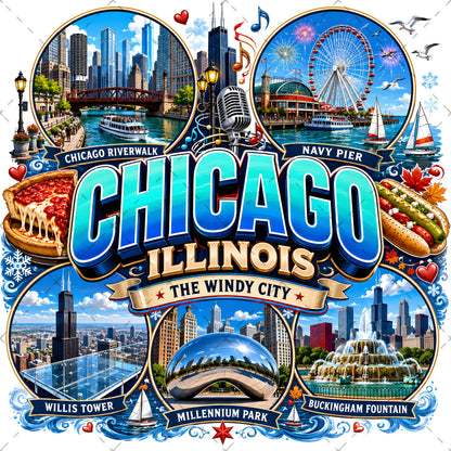 Chicago Illinois Landmarks PNG Travel Collage Digital Download Sublimation Print Commercial Use POD, chicago png, illinois landmarks, travel collage, PNG, digital download, high resolution